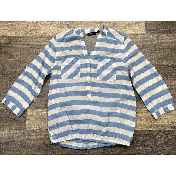 FIG Blue & White Women's Blouse Elastic Hem w Roll-up Tabs Size Medium - Picture 2 of 9